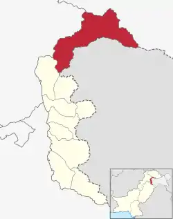 Map of the Pakistani-administered territory of Azad Jammu and Kashmir with the Neelum District highlighted in red