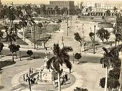 The fountain showing the Palacio de Aldama from the Campo Marte. Havana, Cuba
