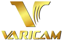 Logo for Varicam, accompanied by "VARICAM" text below logo. The logo is a stylized capital "V", colored gold.