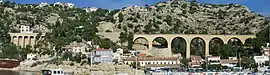 A panoramic view of La Redonne with the Viaduc d'Ensuès-la-Redonne on the Miramas–L'Estaque railway on the right