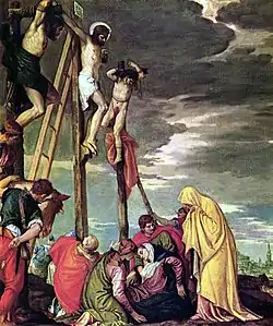 Jesus, on the cross, is mocked in Calvary as the King of the Jews, Luke 23:36–37