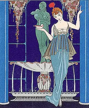 Illustration by Georges Barbier of a gown by Paquin (1914). Stylised floral designs and bright colours were a feature of early Art Deco.