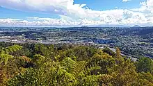 Looking westward towards central Whangārei from the Mount Parihaka lookout, with Te Matau A Pohe bridge and the suburb of Port Whangārei to the far left, the Discovery Settlers Hotel in the suburb of Regent to the far right, as well as Maungatapere and Te Tangihua in the background.