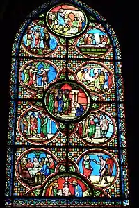 Chapel window with scenes of life of Christ, by Etienne Thevenot (1840)