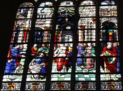 "Incredulity of Saint Thomas" by Jean Chastellain (glass) and Noël Bellemare (drawing), (1533) south transept