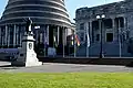 Outside the New Zealand Parliament Buildings, 18 March 2019, flown at half-mast in memory of those killed in the Christchurch mosque shootings on 15 March 2019.