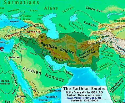 The extent of the Parthian Empire (shaded territory)