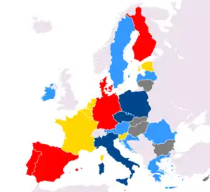 The states of the European Union by the European affiliations of their leaders, as of 18 May 2023Does not account for coalitions. Key to colours is as follows:
.mw-parser-output .legend{page-break-inside:avoid;break-inside:avoid-column}.mw-parser-output .legend-color{display:inline-block;min-width:1.25em;height:1.25em;line-height:1.25;margin:1px 0;text-align:center;border:1px solid black;background-color:transparent;color:black}.mw-parser-output .legend-text{} European People's Party (9)
(AT, CY, DE, GR, HR, LV, RO, SI, SK)
.mw-parser-output .legend{page-break-inside:avoid;break-inside:avoid-column}.mw-parser-output .legend-color{display:inline-block;min-width:1.25em;height:1.25em;line-height:1.25;margin:1px 0;text-align:center;border:1px solid black;background-color:transparent;color:black}.mw-parser-output .legend-text{} Party of European Socialists (6)
(DK, ES, FI, MT, PT, SE)
.mw-parser-output .legend{page-break-inside:avoid;break-inside:avoid-column}.mw-parser-output .legend-color{display:inline-block;min-width:1.25em;height:1.25em;line-height:1.25;margin:1px 0;text-align:center;border:1px solid black;background-color:transparent;color:black}.mw-parser-output .legend-text{} Alliance of Liberals and Democrats for Europe Party (6)
(BE, CZ, EE, IE, LU, NL)
.mw-parser-output .legend{page-break-inside:avoid;break-inside:avoid-column}.mw-parser-output .legend-color{display:inline-block;min-width:1.25em;height:1.25em;line-height:1.25;margin:1px 0;text-align:center;border:1px solid black;background-color:transparent;color:black}.mw-parser-output .legend-text{} Independent (5)
(BG, FR, HU, IT, LT)
.mw-parser-output .legend{page-break-inside:avoid;break-inside:avoid-column}.mw-parser-output .legend-color{display:inline-block;min-width:1.25em;height:1.25em;line-height:1.25;margin:1px 0;text-align:center;border:1px solid black;background-color:transparent;color:black}.mw-parser-output .legend-text{} European Conservatives and Reformists Party (1)
(PL)