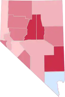 Image 24Majority/plurality party in each Nevada county (February 2023):.mw-parser-output .legend{page-break-inside:avoid;break-inside:avoid-column}.mw-parser-output .legend-color{display:inline-block;min-width:1.25em;height:1.25em;line-height:1.25;margin:1px 0;text-align:center;border:1px solid black;background-color:transparent;color:black}.mw-parser-output .legend-text{}&nbsp;&nbsp;Democrat >= 30%.mw-parser-output .legend{page-break-inside:avoid;break-inside:avoid-column}.mw-parser-output .legend-color{display:inline-block;min-width:1.25em;height:1.25em;line-height:1.25;margin:1px 0;text-align:center;border:1px solid black;background-color:transparent;color:black}.mw-parser-output .legend-text{}&nbsp;&nbsp;Republican >= 30%.mw-parser-output .legend{page-break-inside:avoid;break-inside:avoid-column}.mw-parser-output .legend-color{display:inline-block;min-width:1.25em;height:1.25em;line-height:1.25;margin:1px 0;text-align:center;border:1px solid black;background-color:transparent;color:black}.mw-parser-output .legend-text{}&nbsp;&nbsp;Republican >= 40%.mw-parser-output .legend{page-break-inside:avoid;break-inside:avoid-column}.mw-parser-output .legend-color{display:inline-block;min-width:1.25em;height:1.25em;line-height:1.25;margin:1px 0;text-align:center;border:1px solid black;background-color:transparent;color:black}.mw-parser-output .legend-text{}&nbsp;&nbsp;Republican >= 50%.mw-parser-output .legend{page-break-inside:avoid;break-inside:avoid-column}.mw-parser-output .legend-color{display:inline-block;min-width:1.25em;height:1.25em;line-height:1.25;margin:1px 0;text-align:center;border:1px solid black;background-color:transparent;color:black}.mw-parser-output .legend-text{}&nbsp;&nbsp;Republican >= 60% (from Nevada)