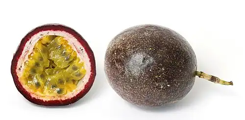 Image 1PassionfruitPhoto credit: Fir0002A ripe passionfruit and the cross-section of another. Passionfruits are the fruit of the passion flower vine species Passiflora edulis, which is native to Brazil and northeastern Argentina, but is now cultivated commercially in frost-free areas in many countries for its fruit. Passionfruit comes in two varieties: purple (seen here), which is usually smaller than a lemon, and yellow, which is about the size of a grapefruit.More selected pictures