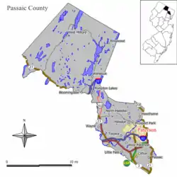 Map of Paterson in Passaic County. Inset: Passaic County's location in New Jersey.