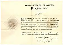 Founder's share of the Company of Proprietors of Peak Forest Canal, issued 8 October 1794. The Peak Forest Canal Act of 28 March 1794 authorised an investment sum of £90,000 with an additional reserve of £60,000.