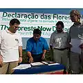 Pedro Garcia signs the Forests Now Declaration on behalf of the Confederation of Indigenous Organisations of the Brazilian Amazon (COIAB) which represents some 180 tribes in the region