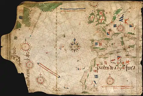 Image 2Nautical chart by Pedro Reinel (c. 1504), one of the first based on astronomical observations and to depict a scale of latitudes. (from History of cartography)