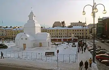 Snow sculpture version of the old Ulrika Eleonora Church being constructed on the square in 2000 (also done once before in 1997)