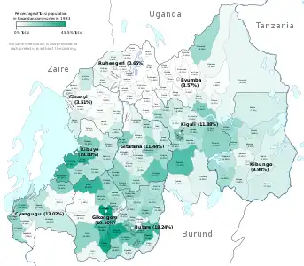 Ethnic distribution of Tutsis in 1983. .mw-parser-output .legend{page-break-inside:avoid;break-inside:avoid-column}.mw-parser-output .legend-color{display:inline-block;min-width:1.25em;height:1.25em;line-height:1.25;margin:1px 0;text-align:center;border:1px solid black;background-color:transparent;color:black}.mw-parser-output .legend-text{}&nbsp;&nbsp;0% Tutsi • .mw-parser-output .legend{page-break-inside:avoid;break-inside:avoid-column}.mw-parser-output .legend-color{display:inline-block;min-width:1.25em;height:1.25em;line-height:1.25;margin:1px 0;text-align:center;border:1px solid black;background-color:transparent;color:black}.mw-parser-output .legend-text{}&nbsp;&nbsp;45.5% Tutsi