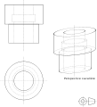 The figures to the left are orthographic projections. The figure to the right is an oblique projection with an angle of 30° and a ratio of .mw-parser-output .frac{white-space:nowrap}.mw-parser-output .frac .num,.mw-parser-output .frac .den{font-size:80%;line-height:0;vertical-align:super}.mw-parser-output .frac .den{vertical-align:sub}.mw-parser-output .sr-only{border:0;clip:rect(0,0,0,0);clip-path:polygon(0px 0px,0px 0px,0px 0px);height:1px;margin:-1px;overflow:hidden;padding:0;position:absolute;width:1px}1⁄2.