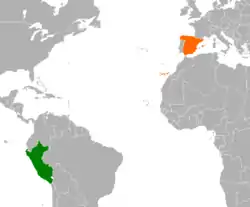 Map indicating locations of Peru and Spain