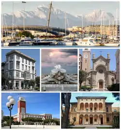 Clockwise, from top: Port of Pescara and Gran Sasso d'Italia; Church of the Sacred Heart; Aurum Museum; Palazzo di Città; Palazzo Imperato; and Fountain La Nave