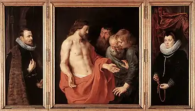 Rubens, the Rockox Altarpiece (1613-1615), showing the hands, with an "almost invisible" wound on the "wrong" side; with donor portraits of Nicolaas II Rockox.