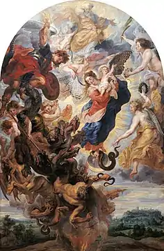 A baroque Mondsichelmadonna (Madonna on the Crescent Moon)  painting by Rubens, main altarpiece of the high altar at Freising Cathedral (c. 1625). The Virgin is depicted as wearing a red dress and blue mantle while crushing a serpent under her foot.