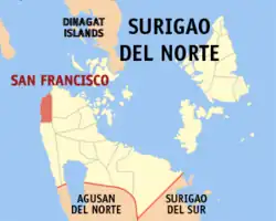 Map of Surigao del Norte with San Francisco highlighted