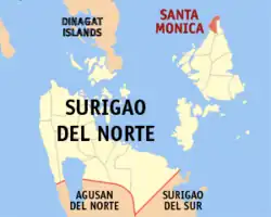 Map of Surigao del Norte with Santa Monica highlighted