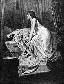 A black and white painting of a man lying on a table, while a woman is kneeled over him.