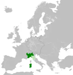Kingdom of Piedmont-Sardinia in 1859; client state in light green