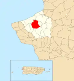 Location of Piedras Blancas within the municipality of Aguada shown in red