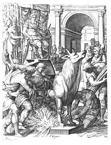 Image 44Perillos being forced into the brazen bull that he built for Phalaris (from List of mythological objects)