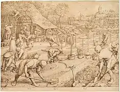 Spring, 1565, a drawing made to be engraved. It was apparently never painted by Bruegel himself, but after his death came dozens of versions in paint by his son and others.