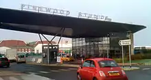 A photo of the entrance to Pinewood Studios in England