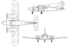 3-view line drawing of the Piper PA-23 Aztec
