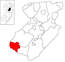Location of Plainsboro Township in Middlesex County. Inset: Location of Middlesex County highlighted in the State of New Jersey.