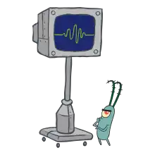 An animated computer monitor on a base with wheels stands next to a small dark green cartoon frowning one-eyed plankton.