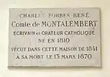 Memorial plaque to Charles de Montalembert, 5 impasse de Valmy, Paris 7.