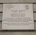 Plaque honoring Paine at 10 rue de l'Odéon, Paris