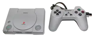 A PlayStation Classic console and controller against a pure white background.