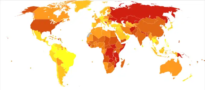 Deaths from poisonings per million persons in 2012 .mw-parser-output .refbegin{font-size:90%;margin-bottom:0.5em}.mw-parser-output .refbegin-hanging-indents>ul{margin-left:0}.mw-parser-output .refbegin-hanging-indents>ul>li{margin-left:0;padding-left:3.2em;text-indent:-3.2em}.mw-parser-output .refbegin-hanging-indents ul,.mw-parser-output .refbegin-hanging-indents ul li{list-style:none}@media(max-width:720px){.mw-parser-output .refbegin-hanging-indents>ul>li{padding-left:1.6em;text-indent:-1.6em}}.mw-parser-output .refbegin-columns{margin-top:0.3em}.mw-parser-output .refbegin-columns ul{margin-top:0}.mw-parser-output .refbegin-columns li{page-break-inside:avoid;break-inside:avoid-column}.mw-parser-output .legend{page-break-inside:avoid;break-inside:avoid-column}.mw-parser-output .legend-color{display:inline-block;min-width:1.25em;height:1.25em;line-height:1.25;margin:1px 0;text-align:center;border:1px solid black;background-color:transparent;color:black}.mw-parser-output .legend-text{}&nbsp;&nbsp;0-2.mw-parser-output .legend{page-break-inside:avoid;break-inside:avoid-column}.mw-parser-output .legend-color{display:inline-block;min-width:1.25em;height:1.25em;line-height:1.25;margin:1px 0;text-align:center;border:1px solid black;background-color:transparent;color:black}.mw-parser-output .legend-text{}&nbsp;&nbsp;3-5.mw-parser-output .legend{page-break-inside:avoid;break-inside:avoid-column}.mw-parser-output .legend-color{display:inline-block;min-width:1.25em;height:1.25em;line-height:1.25;margin:1px 0;text-align:center;border:1px solid black;background-color:transparent;color:black}.mw-parser-output .legend-text{}&nbsp;&nbsp;6-7.mw-parser-output .legend{page-break-inside:avoid;break-inside:avoid-column}.mw-parser-output .legend-color{display:inline-block;min-width:1.25em;height:1.25em;line-height:1.25;margin:1px 0;text-align:center;border:1px solid black;background-color:transparent;color:black}.mw-parser-output .legend-text{}&nbsp;&nbsp;8-10.mw-parser-output .legend{page-break-inside:avoid;break-inside:avoid-column}.mw-parser-output .legend-color{display:inline-block;min-width:1.25em;height:1.25em;line-height:1.25;margin:1px 0;text-align:center;border:1px solid black;background-color:transparent;color:black}.mw-parser-output .legend-text{}&nbsp;&nbsp;11-12.mw-parser-output .legend{page-break-inside:avoid;break-inside:avoid-column}.mw-parser-output .legend-color{display:inline-block;min-width:1.25em;height:1.25em;line-height:1.25;margin:1px 0;text-align:center;border:1px solid black;background-color:transparent;color:black}.mw-parser-output .legend-text{}&nbsp;&nbsp;13-19.mw-parser-output .legend{page-break-inside:avoid;break-inside:avoid-column}.mw-parser-output .legend-color{display:inline-block;min-width:1.25em;height:1.25em;line-height:1.25;margin:1px 0;text-align:center;border:1px solid black;background-color:transparent;color:black}.mw-parser-output .legend-text{}&nbsp;&nbsp;20-27.mw-parser-output .legend{page-break-inside:avoid;break-inside:avoid-column}.mw-parser-output .legend-color{display:inline-block;min-width:1.25em;height:1.25em;line-height:1.25;margin:1px 0;text-align:center;border:1px solid black;background-color:transparent;color:black}.mw-parser-output .legend-text{}&nbsp;&nbsp;28-41.mw-parser-output .legend{page-break-inside:avoid;break-inside:avoid-column}.mw-parser-output .legend-color{display:inline-block;min-width:1.25em;height:1.25em;line-height:1.25;margin:1px 0;text-align:center;border:1px solid black;background-color:transparent;color:black}.mw-parser-output .legend-text{}&nbsp;&nbsp;42-55.mw-parser-output .legend{page-break-inside:avoid;break-inside:avoid-column}.mw-parser-output .legend-color{display:inline-block;min-width:1.25em;height:1.25em;line-height:1.25;margin:1px 0;text-align:center;border:1px solid black;background-color:transparent;color:black}.mw-parser-output .legend-text{}&nbsp;&nbsp;56-336