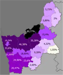 Poles in the region.mw-parser-output .legend{page-break-inside:avoid;break-inside:avoid-column}.mw-parser-output .legend-color{display:inline-block;min-width:1.25em;height:1.25em;line-height:1.25;margin:1px 0;text-align:center;border:1px solid black;background-color:transparent;color:black}.mw-parser-output .legend-text{}&nbsp;&nbsp;>50%.mw-parser-output .legend{page-break-inside:avoid;break-inside:avoid-column}.mw-parser-output .legend-color{display:inline-block;min-width:1.25em;height:1.25em;line-height:1.25;margin:1px 0;text-align:center;border:1px solid black;background-color:transparent;color:black}.mw-parser-output .legend-text{}&nbsp;&nbsp;30–50%.mw-parser-output .legend{page-break-inside:avoid;break-inside:avoid-column}.mw-parser-output .legend-color{display:inline-block;min-width:1.25em;height:1.25em;line-height:1.25;margin:1px 0;text-align:center;border:1px solid black;background-color:transparent;color:black}.mw-parser-output .legend-text{}&nbsp;&nbsp;20–30%.mw-parser-output .legend{page-break-inside:avoid;break-inside:avoid-column}.mw-parser-output .legend-color{display:inline-block;min-width:1.25em;height:1.25em;line-height:1.25;margin:1px 0;text-align:center;border:1px solid black;background-color:transparent;color:black}.mw-parser-output .legend-text{}&nbsp;&nbsp;10–20%.mw-parser-output .legend{page-break-inside:avoid;break-inside:avoid-column}.mw-parser-output .legend-color{display:inline-block;min-width:1.25em;height:1.25em;line-height:1.25;margin:1px 0;text-align:center;border:1px solid black;background-color:transparent;color:black}.mw-parser-output .legend-text{}&nbsp;&nbsp;5–10%.mw-parser-output .legend{page-break-inside:avoid;break-inside:avoid-column}.mw-parser-output .legend-color{display:inline-block;min-width:1.25em;height:1.25em;line-height:1.25;margin:1px 0;text-align:center;border:1px solid black;background-color:transparent;color:black}.mw-parser-output .legend-text{}&nbsp;&nbsp;2–5%.mw-parser-output .legend{page-break-inside:avoid;break-inside:avoid-column}.mw-parser-output .legend-color{display:inline-block;min-width:1.25em;height:1.25em;line-height:1.25;margin:1px 0;text-align:center;border:1px solid black;background-color:transparent;color:black}.mw-parser-output .legend-text{}&nbsp;&nbsp;<2%