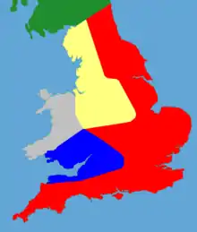 A colour-coded map showing the political factions in Britain in 1153
