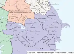 Political map of the eastern part of the Southern Caucasus between 1795–1801