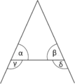 The pons asinorum or bridge of asses theorem states that in an isosceles triangle, α&nbsp;=&nbsp;β and γ&nbsp;=&nbsp;δ.