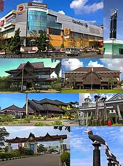 Clockwise from top left: shopping complex in South Pontianak; the North Pontianak equatorial monument; some of the official government buildings; traditional Malay house; traditional Borneo birds sculpture; road gate of Pontianak city; and Enggang Badak sculpture