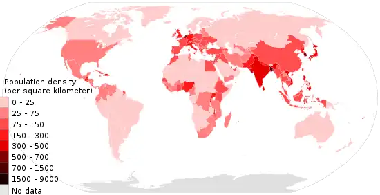 2018 population density(people per km2) by country