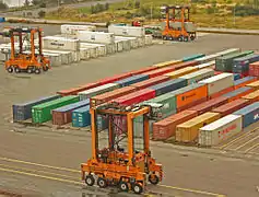 Straddle carriers at the Port of Copenhagen, Denmark.