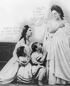 Raisa annotated this photo of her teacher Barbara Marchisio and her sister Carlotta, planning to use in her autobiography. "Barbara Marchisio my vocal teacher in Adalgisa Norma. Carlotta Marchisio as Norma. Both sisters great singers with glorious careers." (1860s)