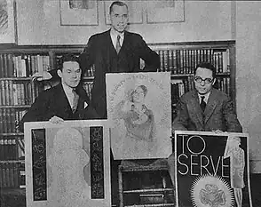 (Center). Prize-winning trio, each with their own poster. Girl Scouts' national headquarters in Manhattan, 1931.