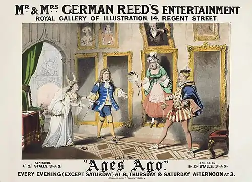 illustration from theatre poster, showing four characters in costumes from different periods of English history; they are portraits from a picture gallery come to life, and the two male ones are squaring up for a sword fight with each other; the two women try to restrain them
